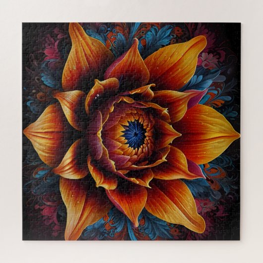 Enorme bloemhoofdbloei van sinaasappel en blauw legpuzzel (Horizontaal)