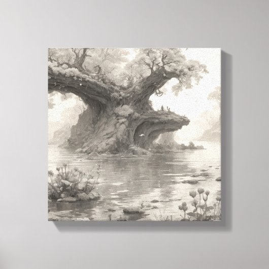 Enorme Bomen Bos & Lake Potlood Schets Kunst Canvas Afdruk (Voorkant)