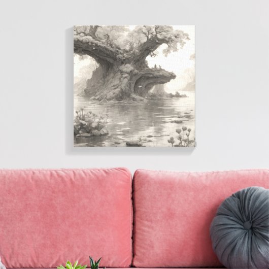 Enorme Bomen Bos & Lake Potlood Schets Kunst Canvas Afdruk (Insitu (Woonkamer))