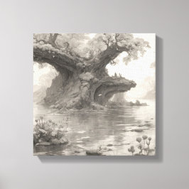 Enorme Bomen Bos & Lake Potlood Schets Kunst Canvas Afdruk