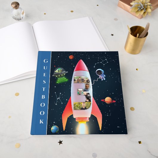 Enorme drie met foto's | Rocket Space 3e verjaarda Gastenboek (Voorkant open)