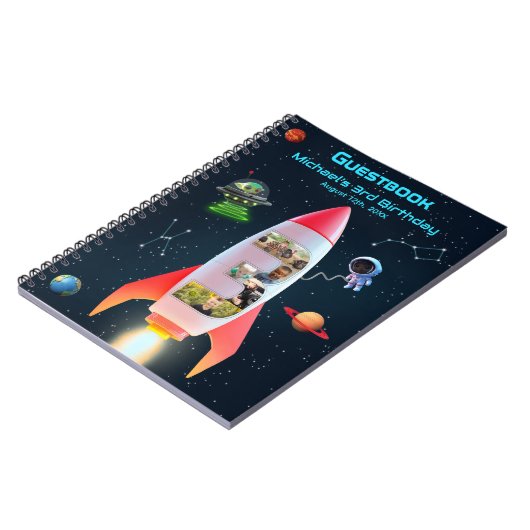 Enorme drie | Rocket Space 3e verjaardag gastenboe Notitieboek (Linkerzijde)