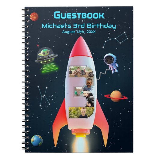 Enorme drie | Rocket Space 3e verjaardag gastenboe Notitieboek (Voorkant)
