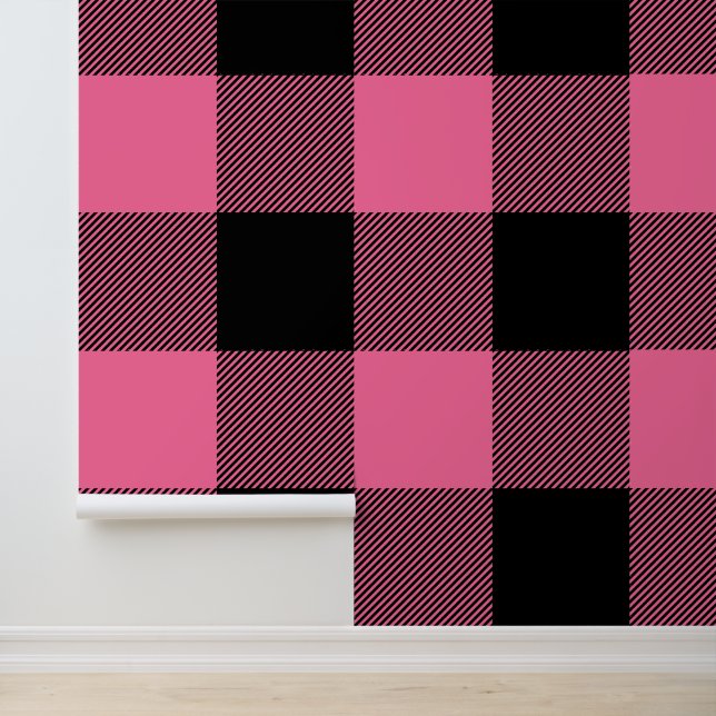 Enorme Franse roze en zwarte Buffalo Plaid Behang (Applicatie)
