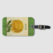 Enorme Gouden Chrysant met Groene Damast Monogram Bagagelabel (Voorkant (horizontaal))