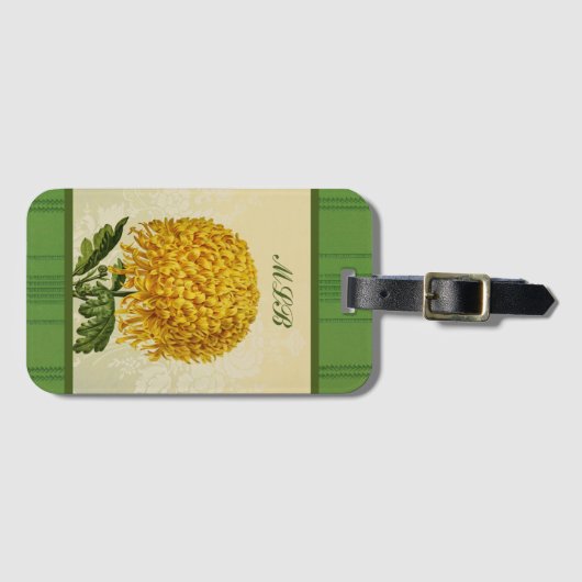 Enorme Gouden Chrysant met Groene Damast Monogram Bagagelabel (Voorkant (horizontaal))