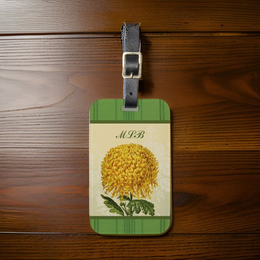 Enorme Gouden Chrysant met Groene Damast Monogram Bagagelabel