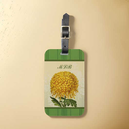 Enorme Gouden Chrysant met Groene Damast Monogram Bagagelabel