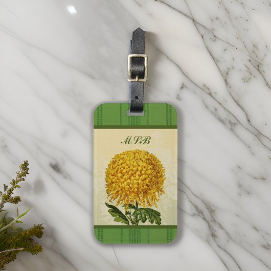 Enorme Gouden Chrysant met Groene Damast Monogram Bagagelabel