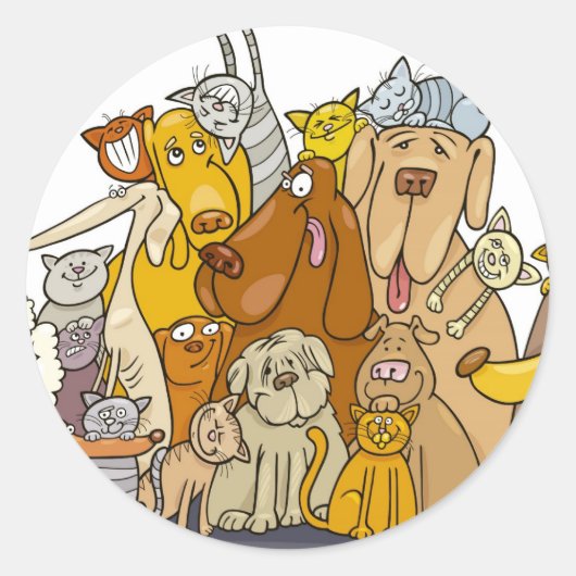 Enorme groep katten en honden ronde sticker (Voorkant)