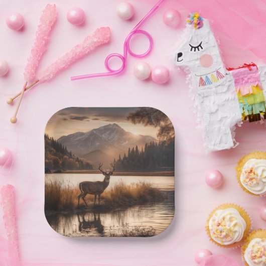 Enorme herten op Mountain Lake Papieren Bordje (Feest)