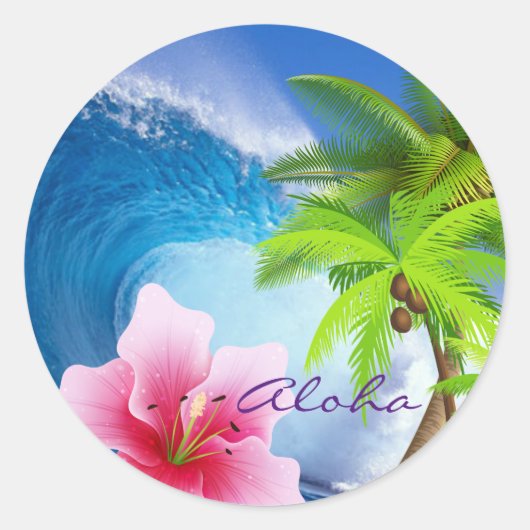 Enorme Ocean Wave Orchidee Palm Tree Ronde Sticker (Voorkant)