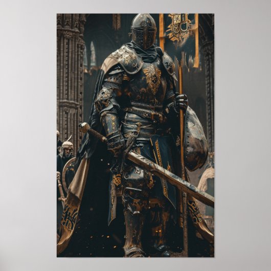 Enorme ridder torenhoog boven kasteel - Fantasy Po Poster (Voorkant)