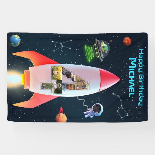 Enorme vier met foto's | 4th Birthday Space Rocket Spandoek (Horizontaal)