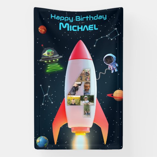 Enorme vier met foto's | 4th Birthday Space Rocket Spandoek (Verticaal)