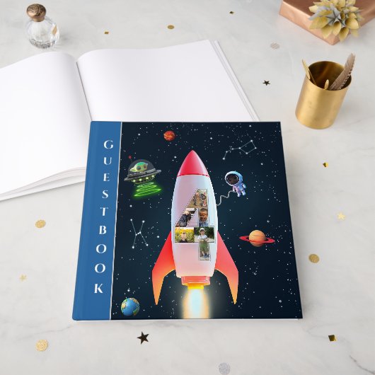 Enorme vier met foto's | Rocket Space 4e verjaarda Gastenboek (Voorkant open)