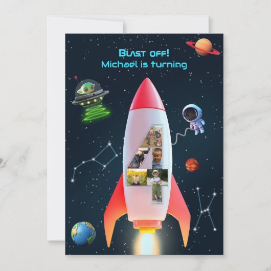 Enorme vier met foto's | Rocket Space 4e verjaarda Kaart (Voorkant)