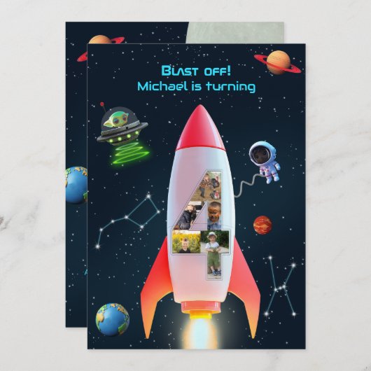 Enorme vier met foto's | Rocket Space 4e verjaarda Kaart (Voorkant / Achterkant)