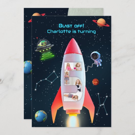 Enorme vijf met foto's | Rocket Space 5e verjaarda Kaart (Voorkant / Achterkant)