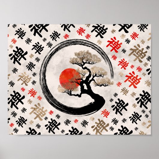 Enso Circle Bonsai Tree op Zen Symbol patroon Poster (Voorkant)
