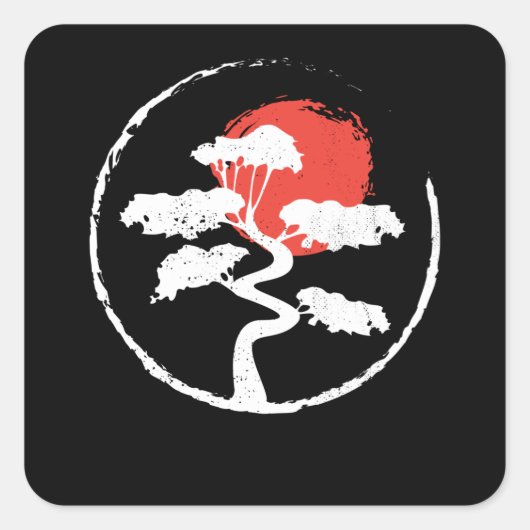 Enso Cirle Bonsai Tree Japanse Zen Gift Vierkante Sticker (Voorkant)