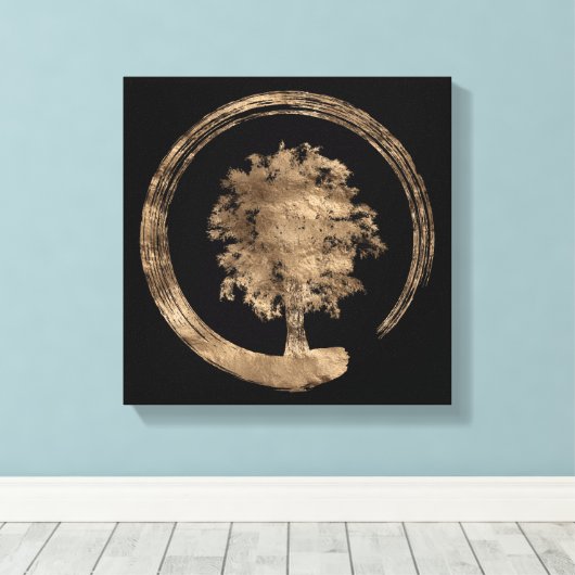 Enso Zen Circle and Tree - Gold op zwart Canvas Afdruk (Insitu (Houten vloer))