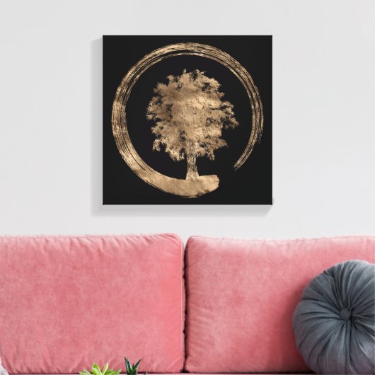 Enso Zen Circle and Tree - Gold op zwart Canvas Afdruk (Insitu (Woonkamer))
