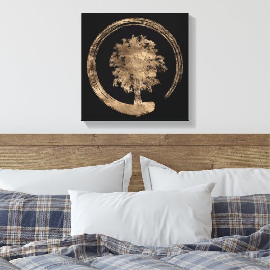 Enso Zen Circle and Tree - Gold op zwart Canvas Afdruk (Insitu (Slaapkamer))