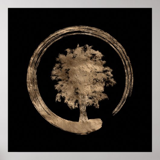 Enso Zen Circle and Tree - Gold op zwart Poster (Voorkant)
