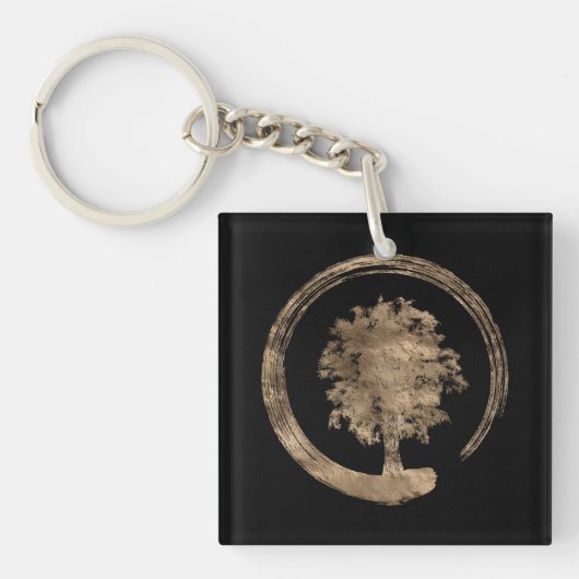 Enso Zen Circle and Tree - Gold op zwart Sleutelhanger (Voorkant)