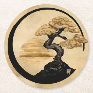 Enso Zen Circle Bonsai - Golden Sunrise Ronde Kartonnen Onderzetter