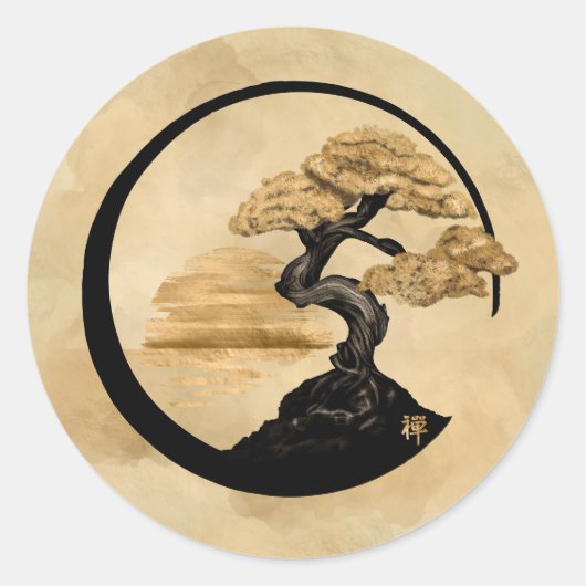 Enso Zen Circle Bonsai - Golden Sunrise Ronde Sticker (Voorkant)