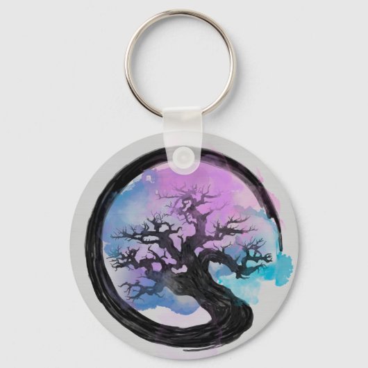 Enso Zen Circle en Bonsai Tree Alcohol Ink Sleutelhanger (Voorkant)