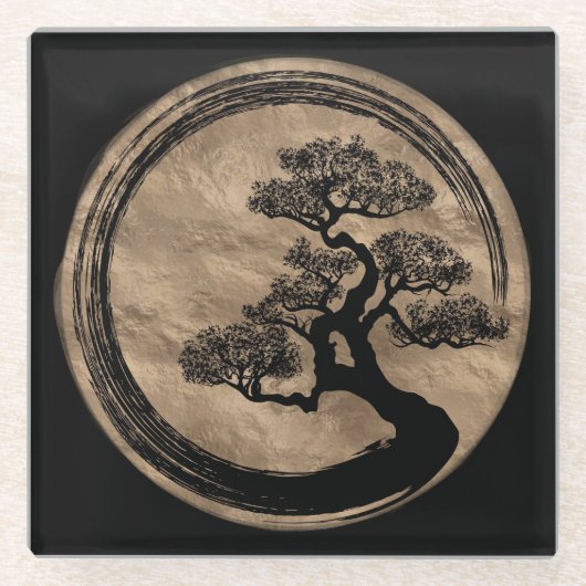 Enso Zen Circle en Bonsai Tree Gold Glazen Onderzetter (Voorkant)