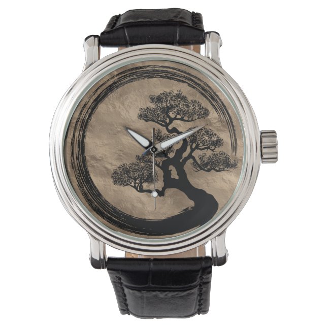 Enso Zen Circle en Bonsai Tree Gold Horloge (Voorkant)