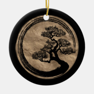 Enso Zen Circle en Bonsai Tree Gold Keramisch Ornament