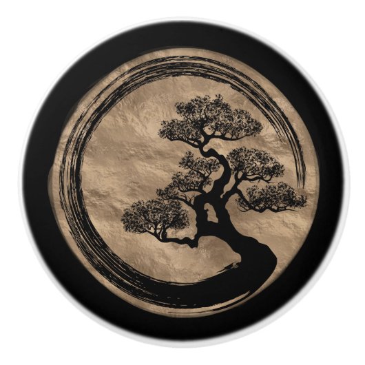 Enso Zen Circle en Bonsai Tree Gold Keramische Knop (Voorkant)