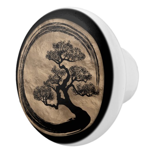 Enso Zen Circle en Bonsai Tree Gold Keramische Knop (Rechts)