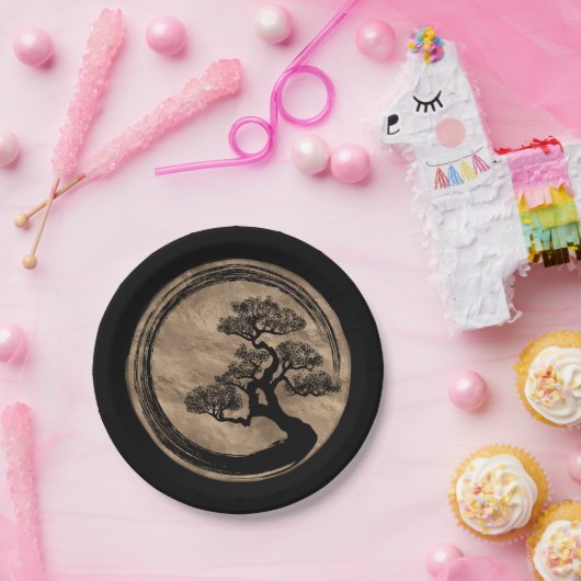 Enso Zen Circle en Bonsai Tree Gold Papieren Bordje (Feest)