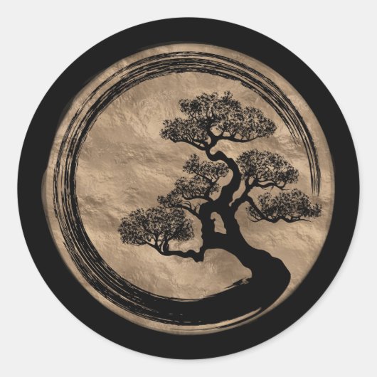 Enso Zen Circle en Bonsai Tree Gold Ronde Sticker (Voorkant)