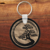 Enso Zen Circle en Bonsai Tree Gold Sleutelhanger (Voorkant)