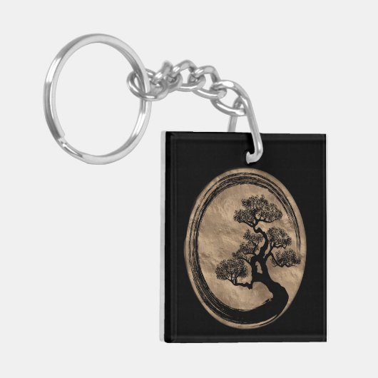 Enso Zen Circle en Bonsai Tree Gold Sleutelhanger (Voorkant Links)