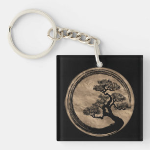 Enso Zen Circle en Bonsai Tree Gold Sleutelhanger