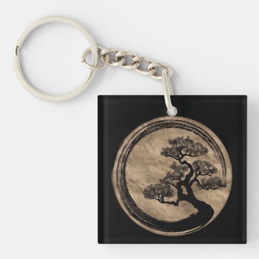 Enso Zen Circle en Bonsai Tree Gold Sleutelhanger (Voorkant)