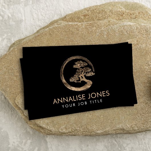 Enso Zen Circle en Bonsai Tree goud op zwart Visitekaartje