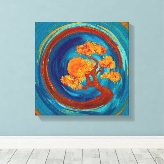 Enso Zen Circle en Bonsai Tree - impasto Canvas Afdruk (Insitu (Houten vloer))