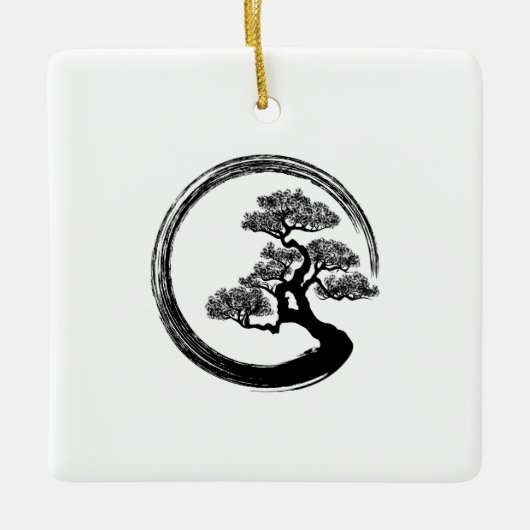 Enso Zen Circle en Bonsai Tree Keramisch Ornament (Voorkant)