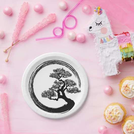 Enso Zen Circle en Bonsai Tree Papieren Bordje (Feest)