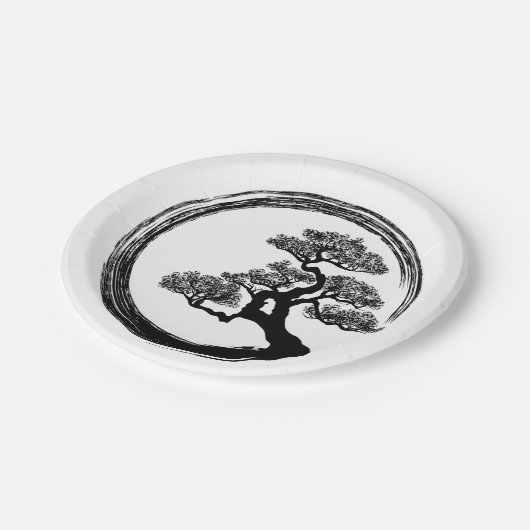 Enso Zen Circle en Bonsai Tree Papieren Bordje (Gekanteld)