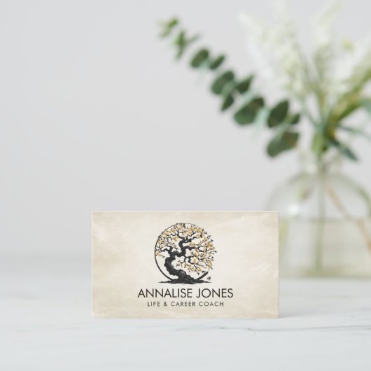 Enso Zen Circle Sakura Tree - Gouden Kersenbloesem Visitekaartje (Staand voorkant)